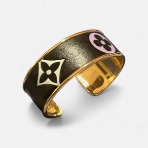 Louis Vuitton x Murakami Monogram Black Leather on a Gold Cuff Costume Jewelry